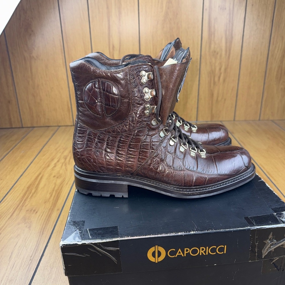 Caporicci Alligator Leather Hiking Boots Mens 9 Brown Made in Italy Art 570